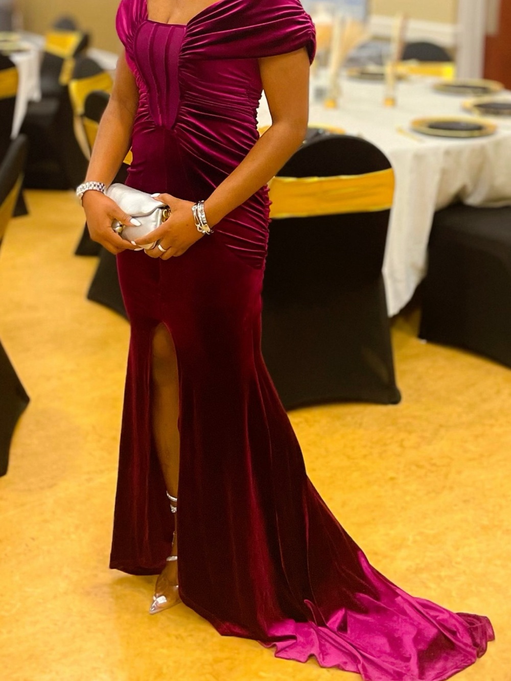 ASOS Burgundy Velvet Ruched Evening Gown with Train
